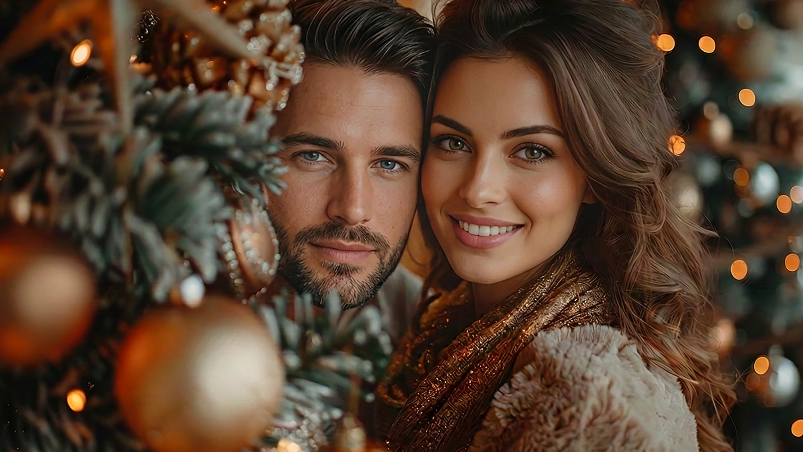 Beautiful couple surrounded by Christmas trees.